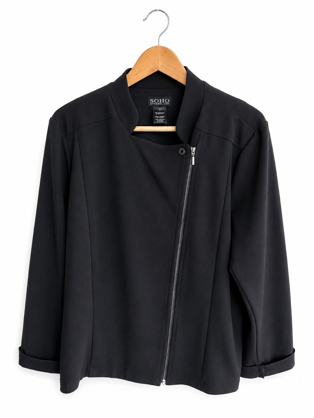Soho Apparel Ltd. Black Asymmetrical Zip Stretch Blazer Jacket Size XL
